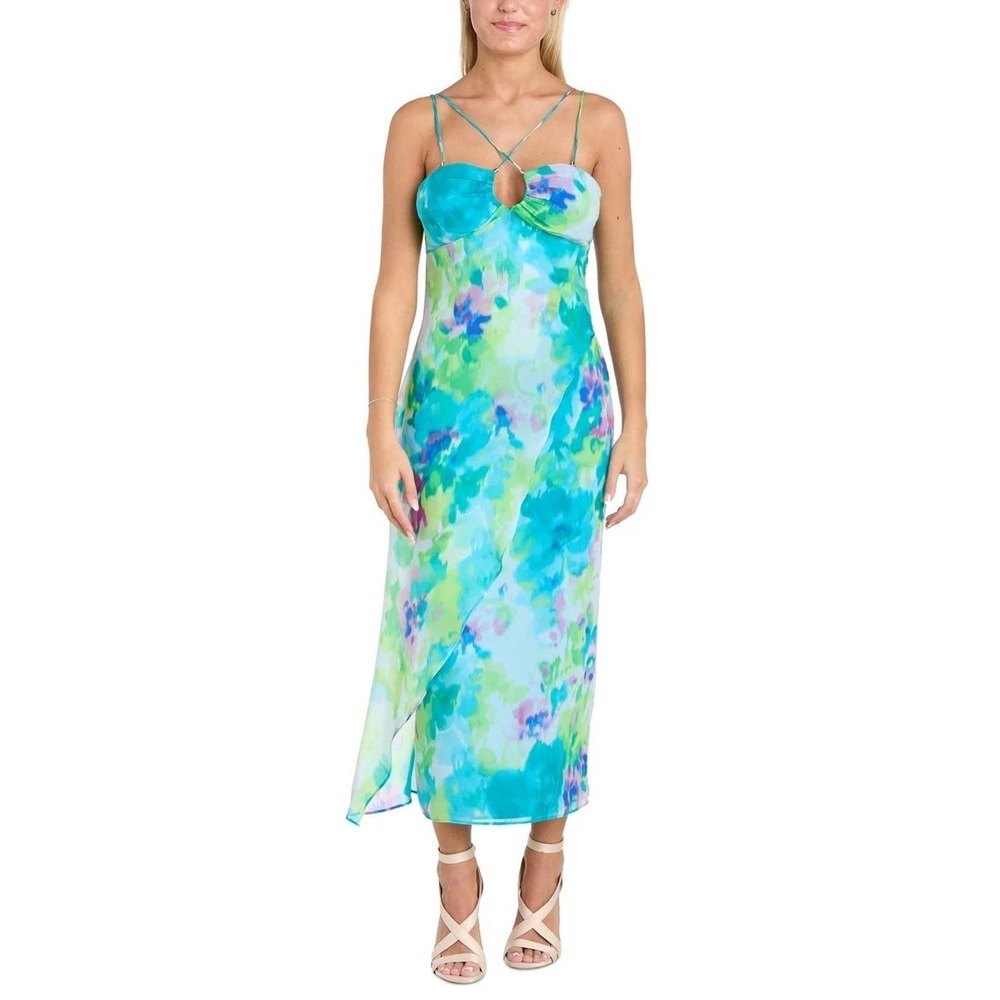 Macy's Midi Dress Women Size 9 Blue‎ Floral 40021 Watercolor Summer Wrap Style